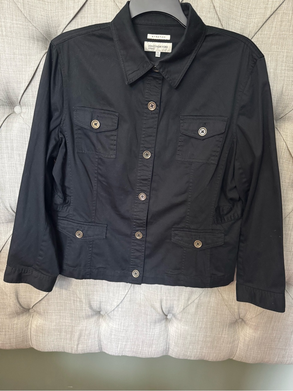 Jones New York Black Button-Front Utility Jacket with Patch Pockets